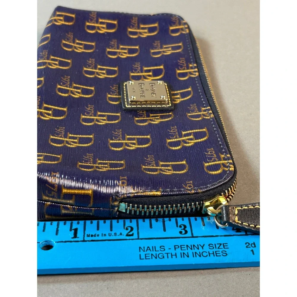 Dooney & Bourke Navy Blue Gold Monogram 1975 Coated Canvas Cosmetic Makeup Bag
